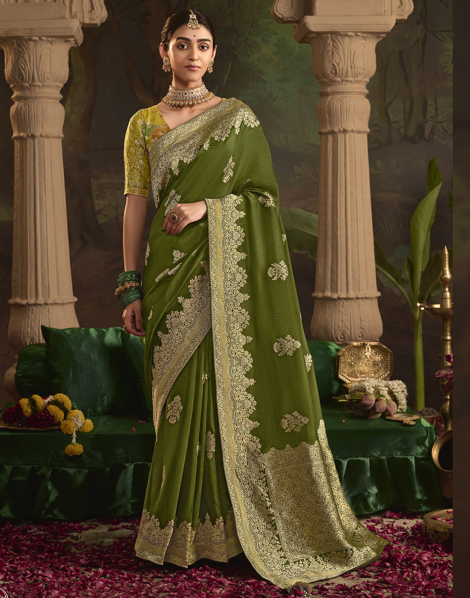 Olive Green Silk Banarasi Saree