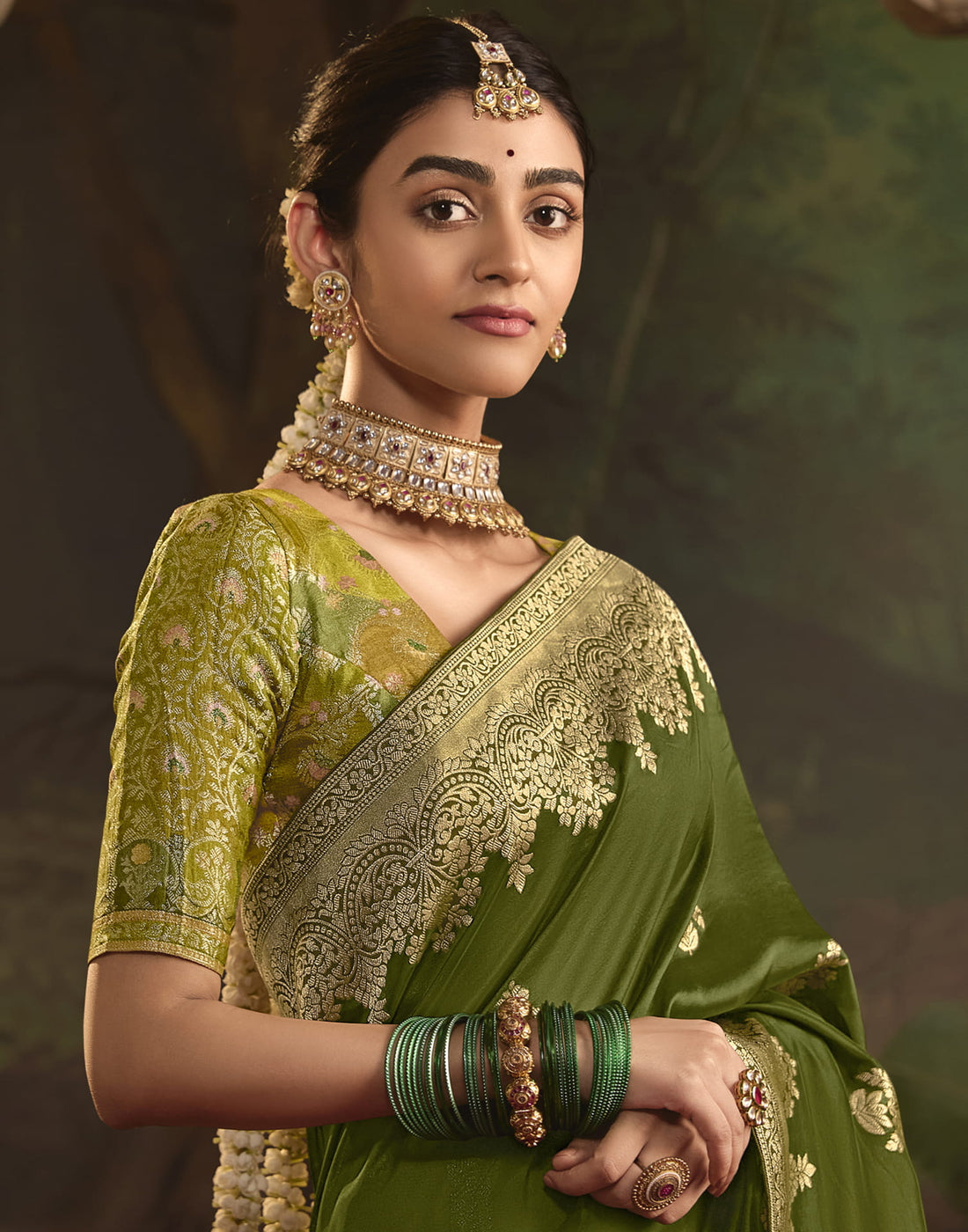 Olive Green Silk Banarasi Saree