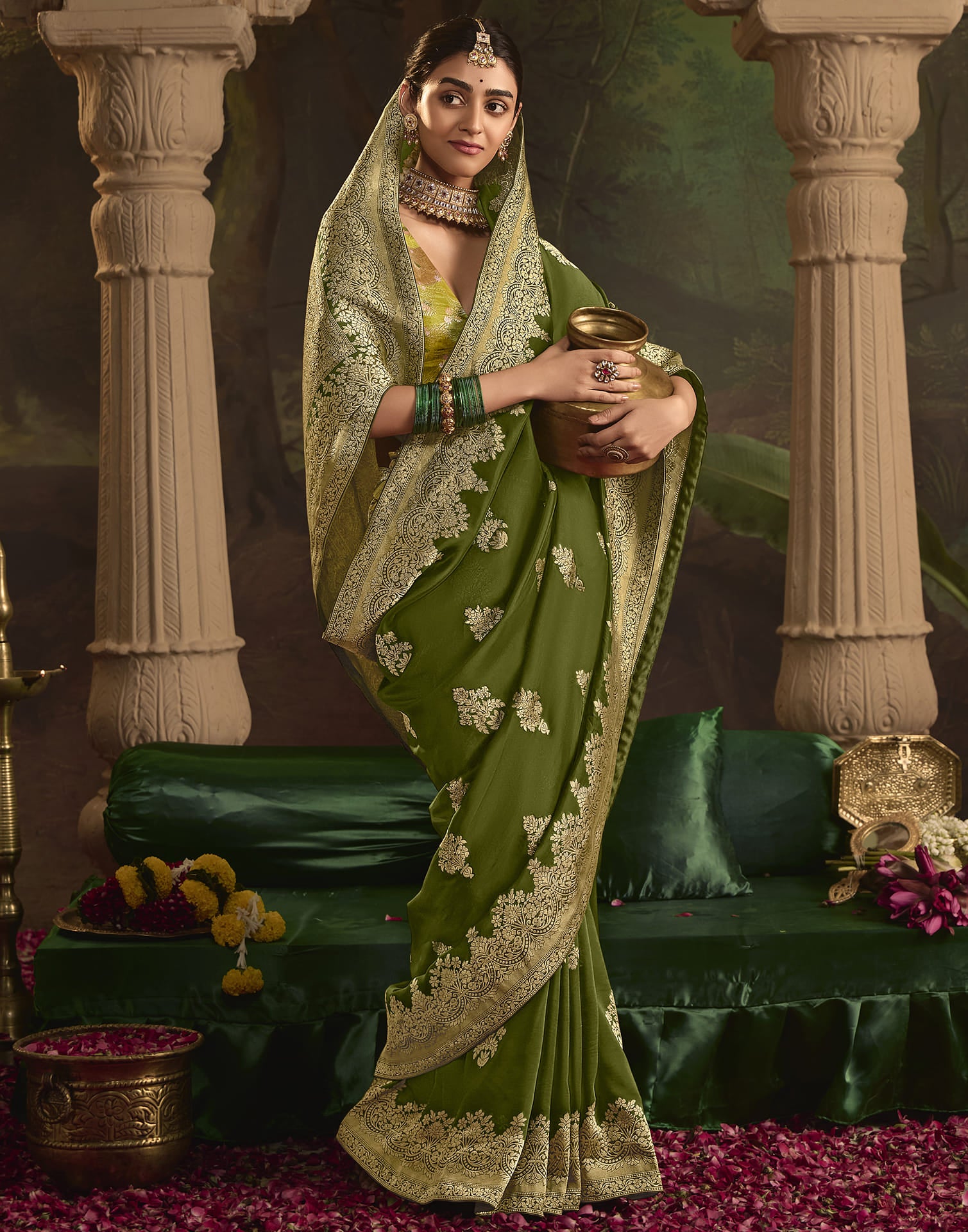 Olive Green Silk Banarasi Saree