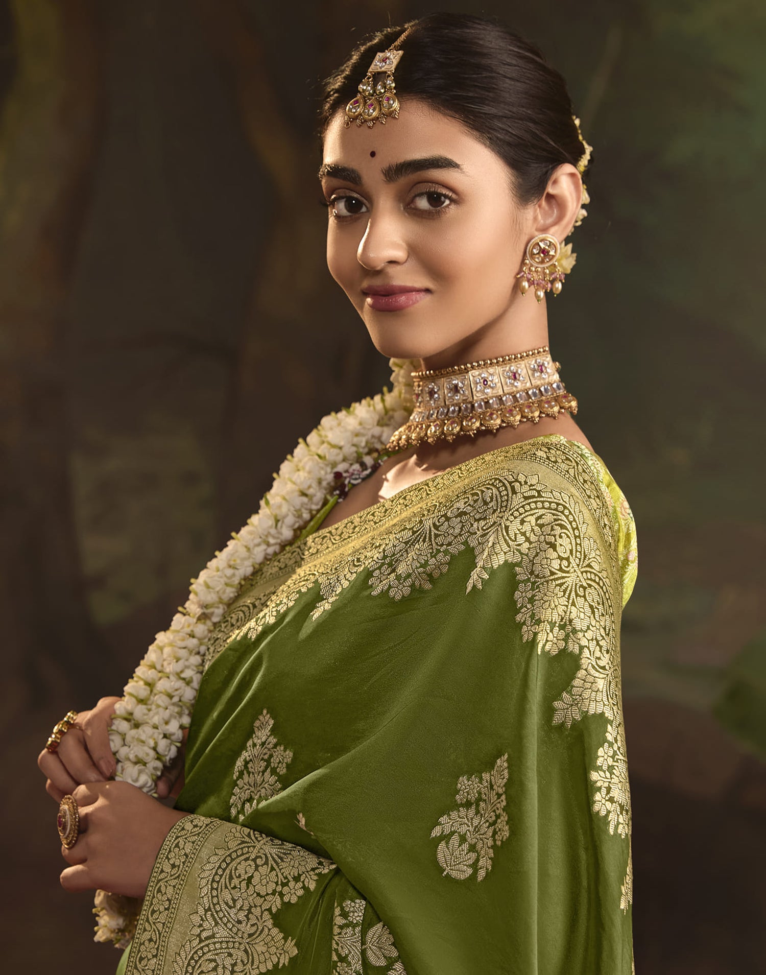 Olive Green Silk Banarasi Saree