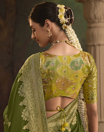 Olive Green Silk Banarasi Saree