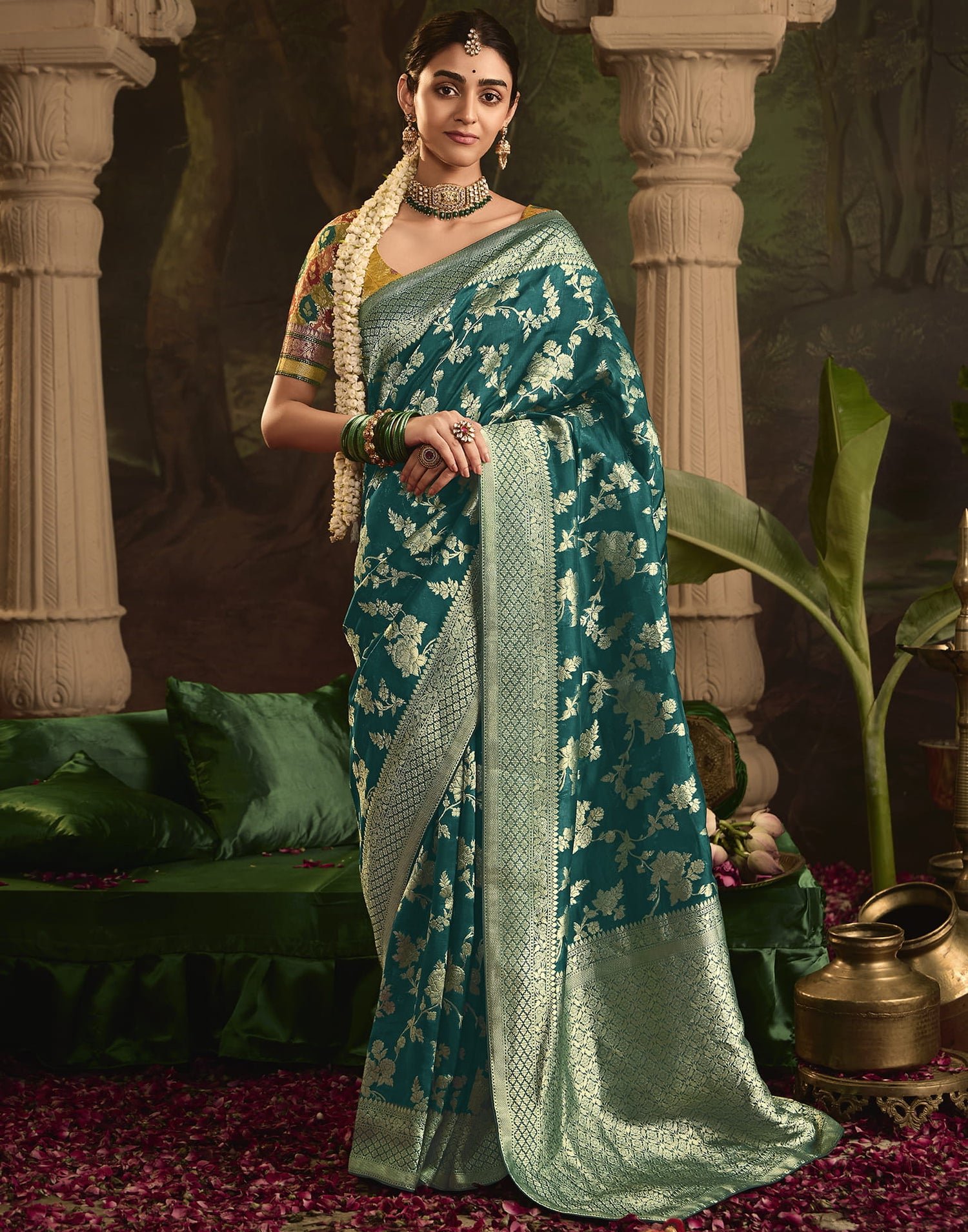 Teal Green Silk Banarasi Saree