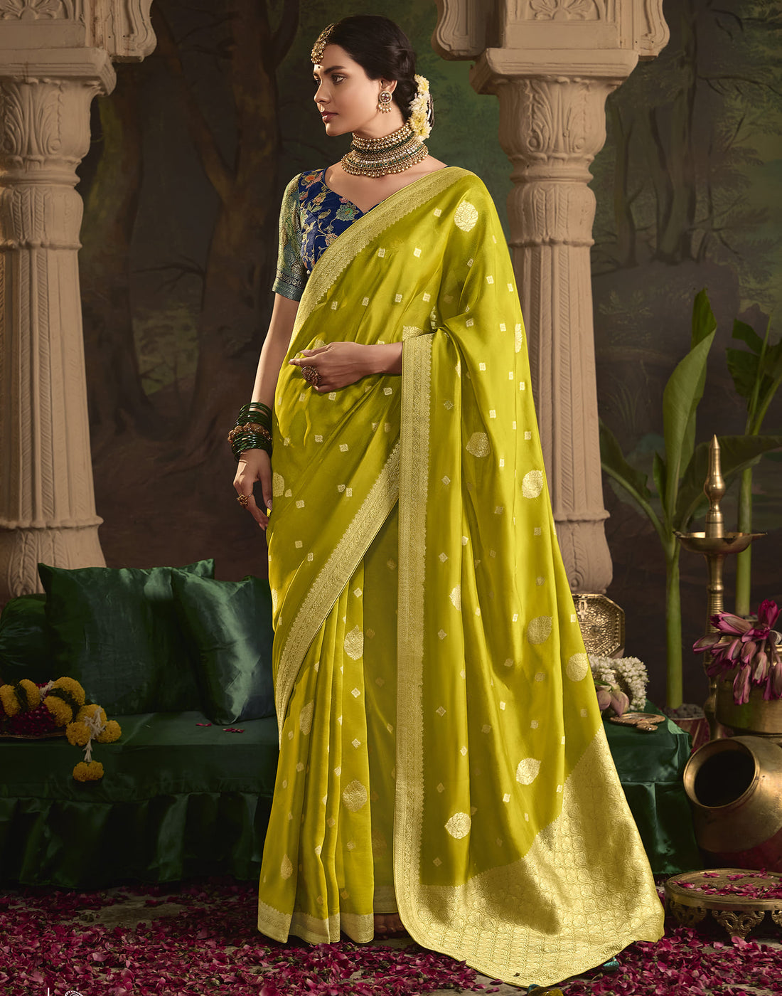 Lime Green Silk Banarasi Saree