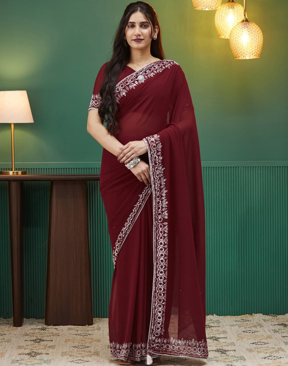 Maroon Georgette Stone Work Swarovski Saree