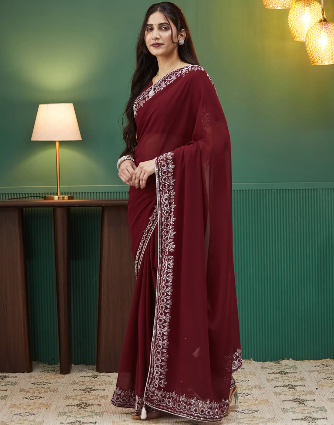 Maroon Georgette Stone Work Swarovski Saree