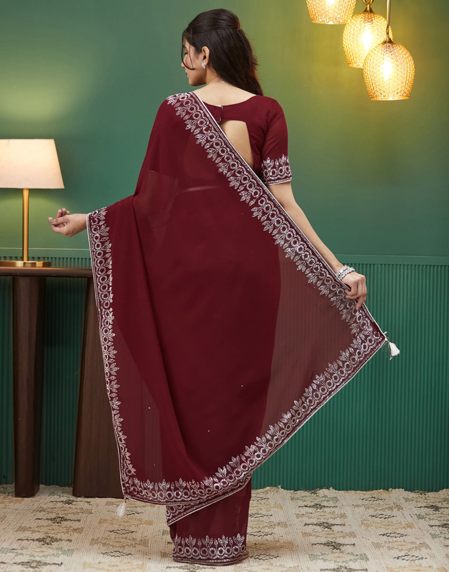 Maroon Georgette Stone Work Swarovski Saree