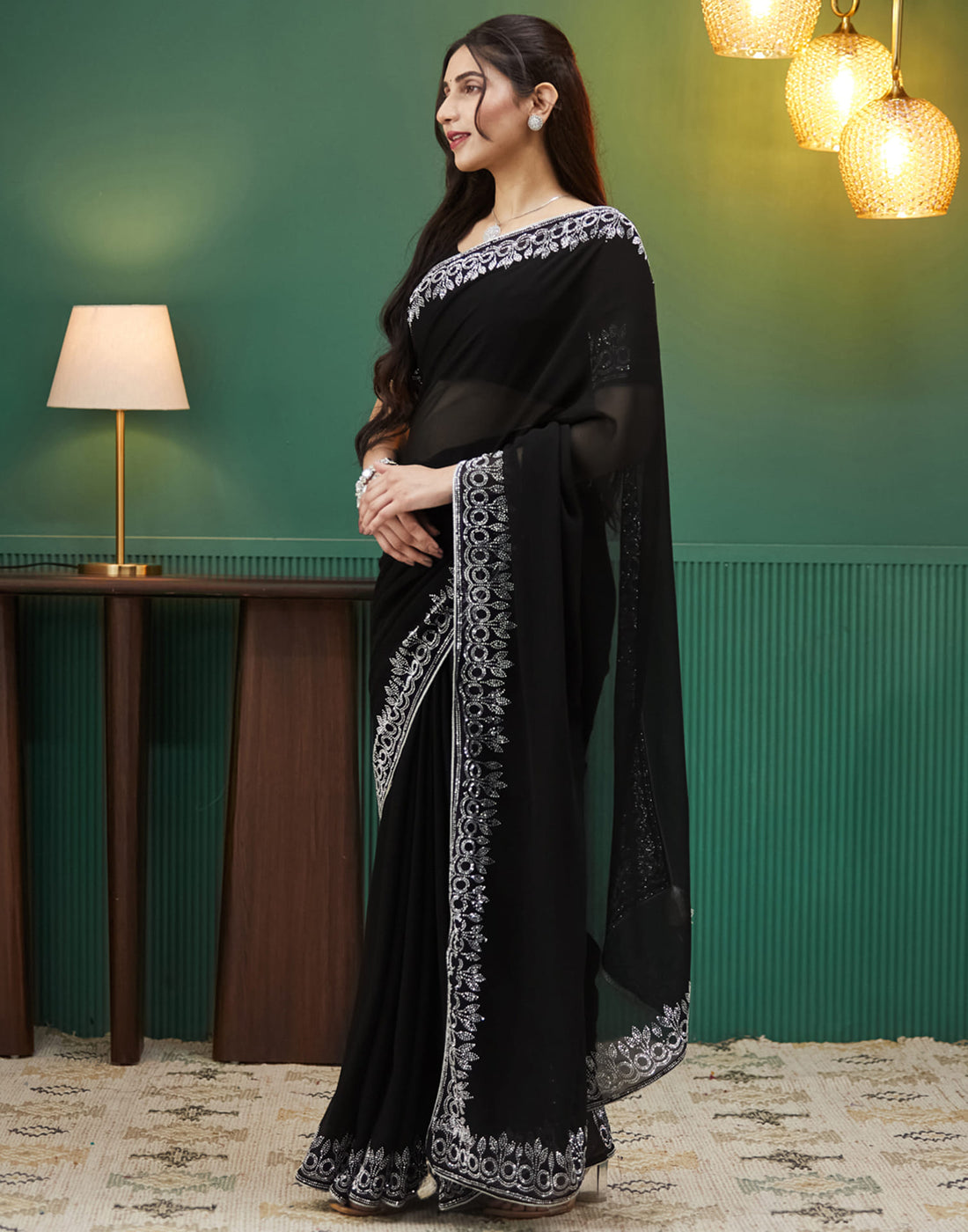 Black Georgette Stone Work Swarovski Saree