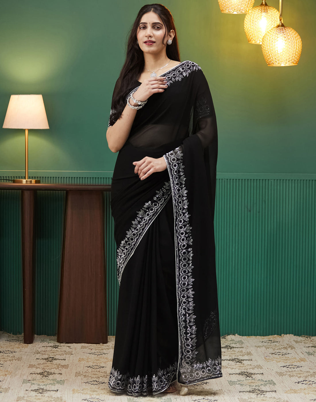 Black Georgette Stone Work Swarovski Saree