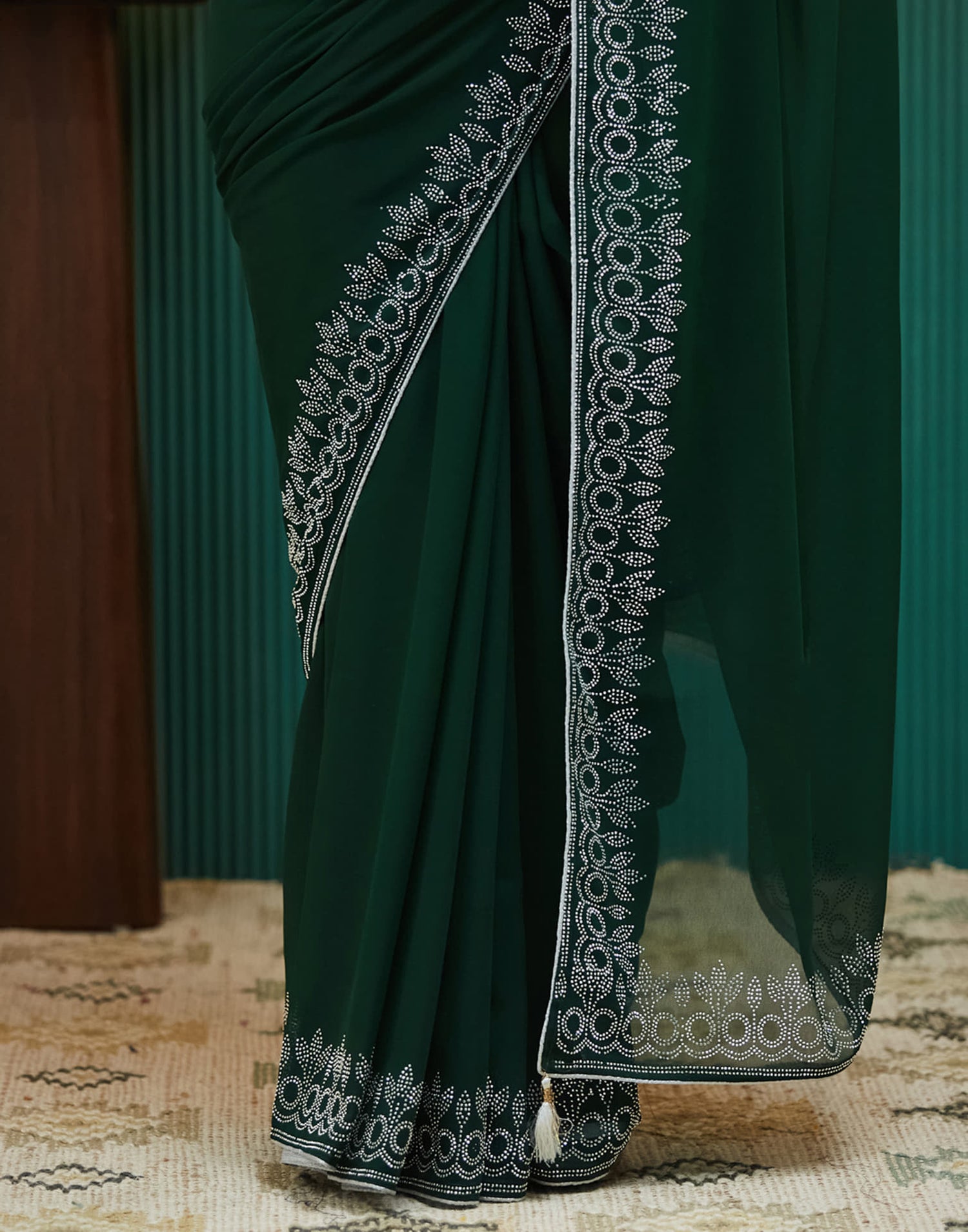 Dark Green Georgette Stone Work Swarovski Saree