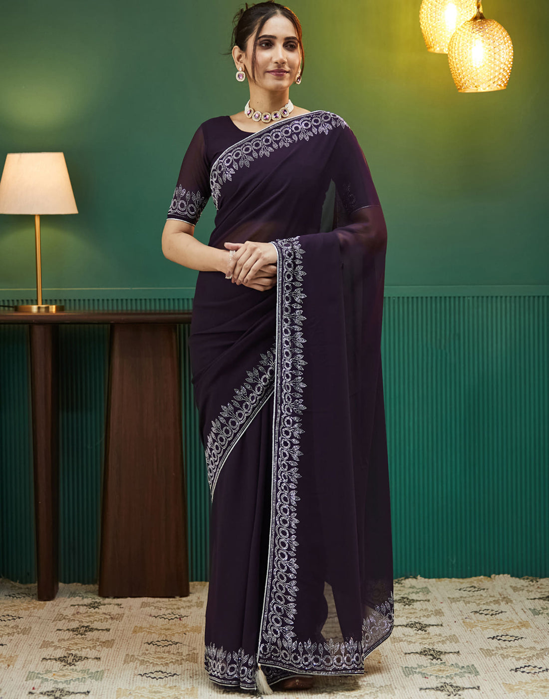 Dark Purple Georgette Stone Work Swarovski Saree
