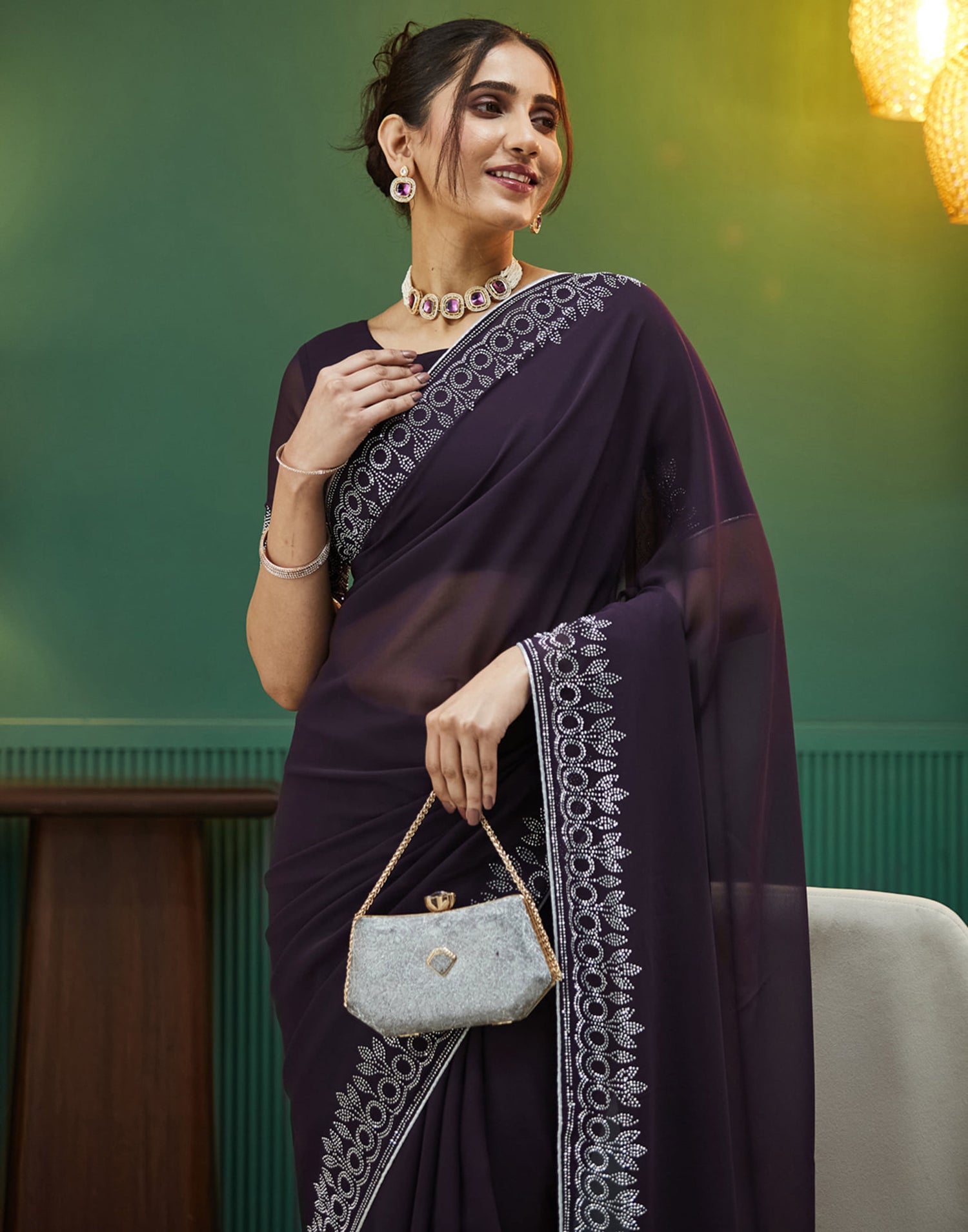 Dark Purple Georgette Stone Work Swarovski Saree