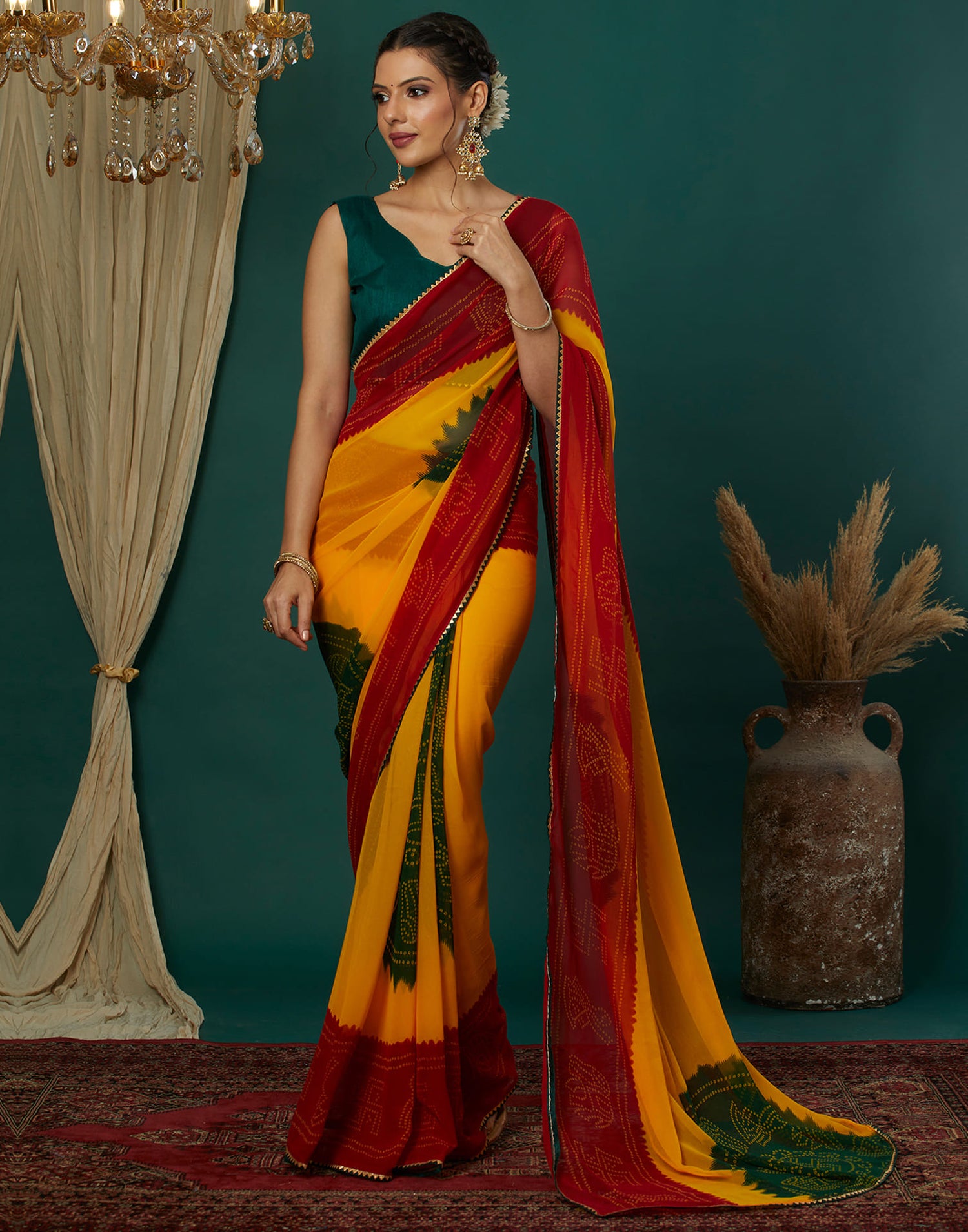 Yellow Georgette Printed Bandhani Saree