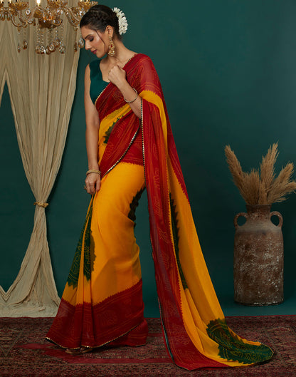 Yellow Georgette Printed Bandhani Saree