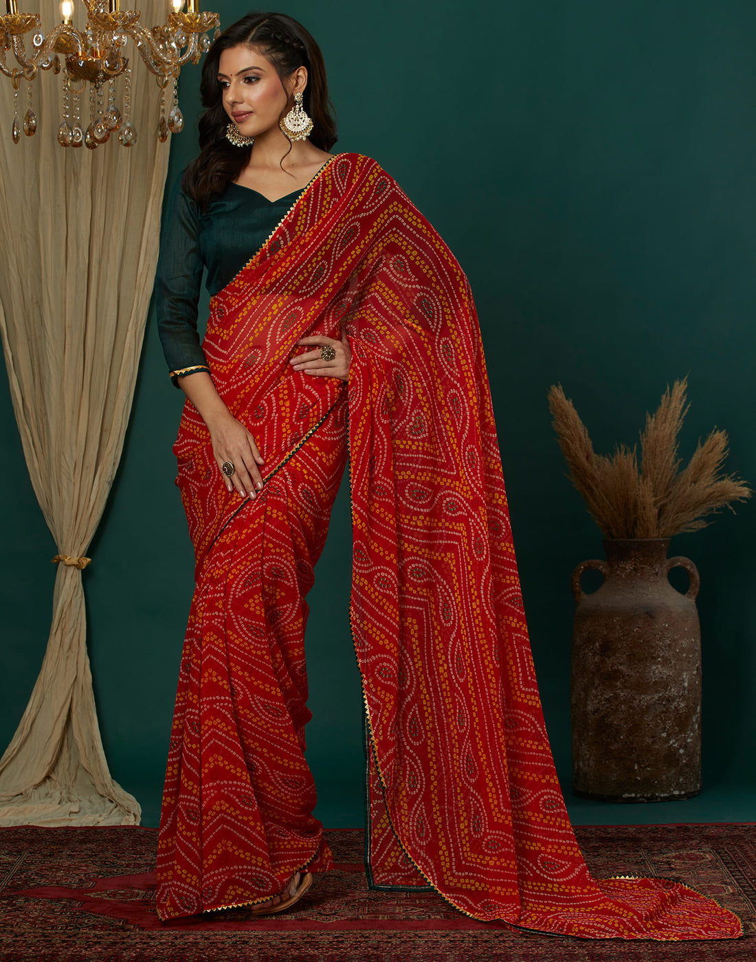 Red Georgette Bandhani Printed Saree