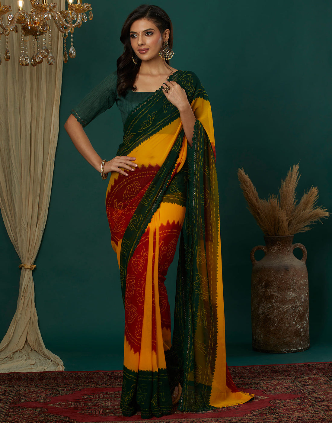 Yellow Georgette Printed Bandhani Saree