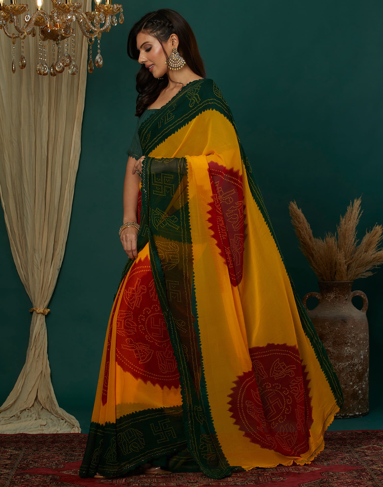 Yellow Georgette Printed Bandhani Saree