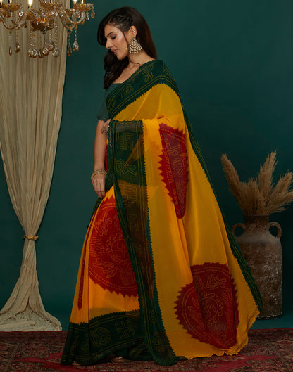 Yellow Georgette Printed Bandhani Saree