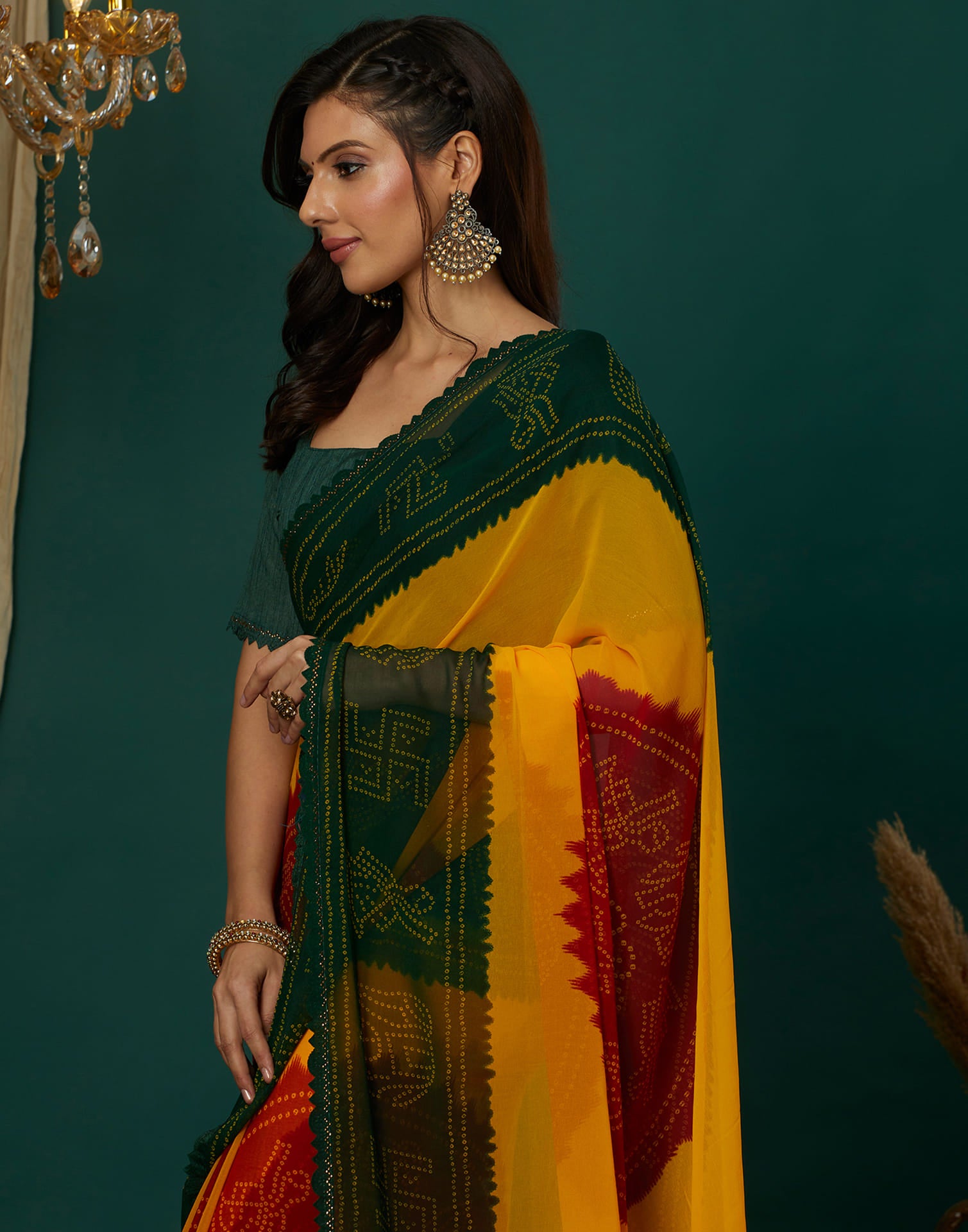 Yellow Georgette Printed Bandhani Saree