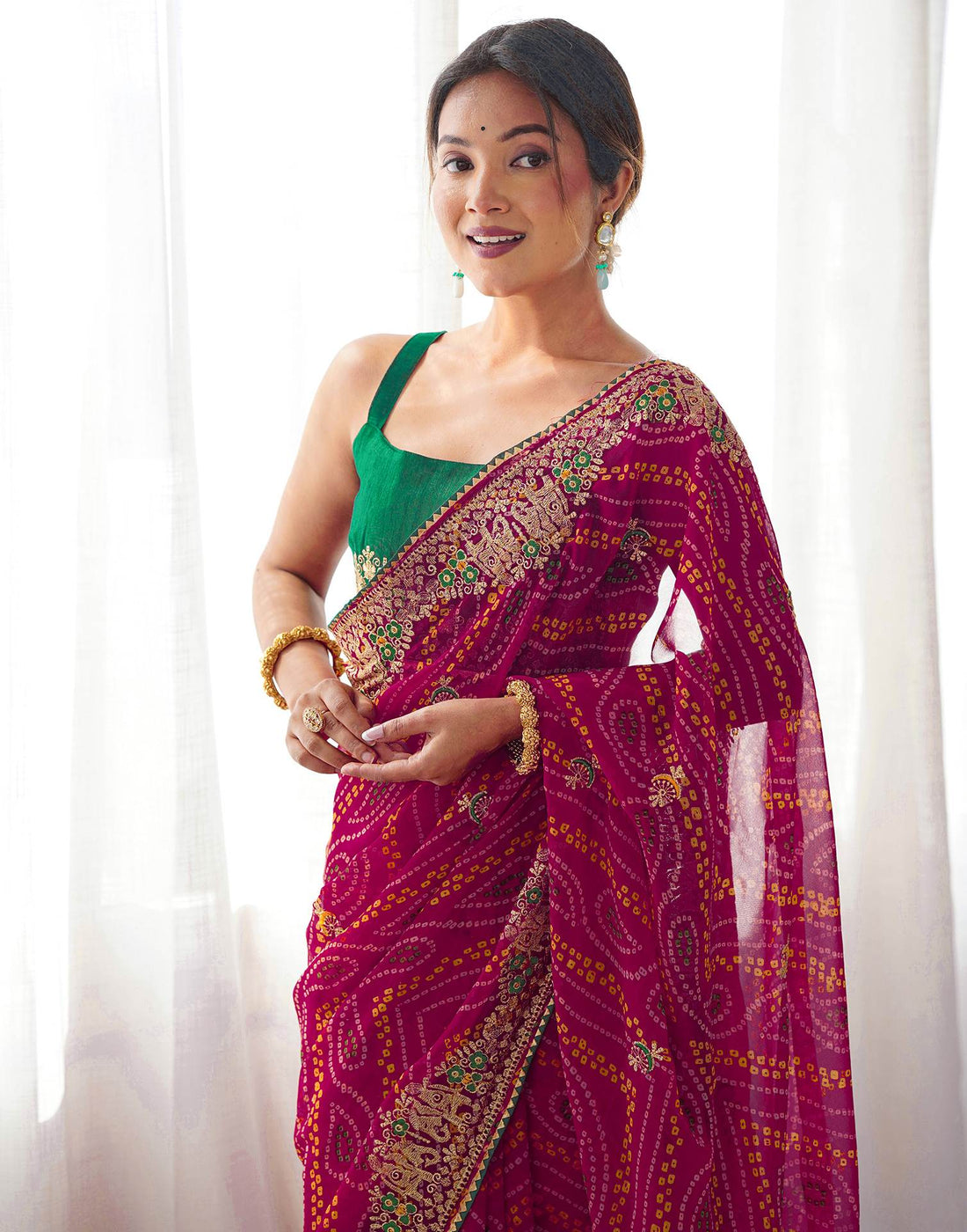Rani Pink Georgette Bandhani Printed Saree