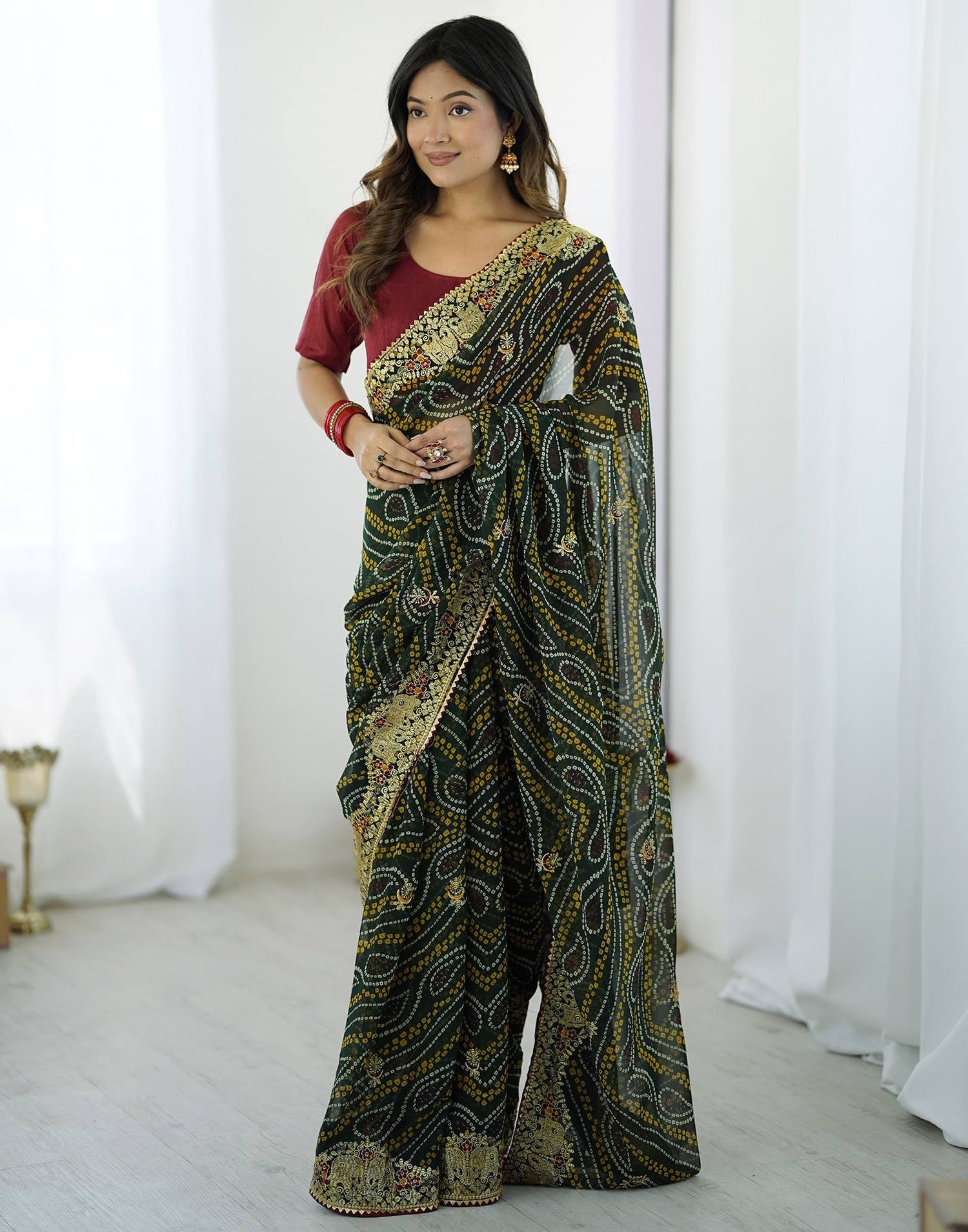 Green Georgette Lace Bandhani Saree