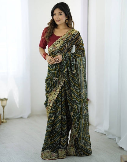 Green Georgette Lace Bandhani Saree