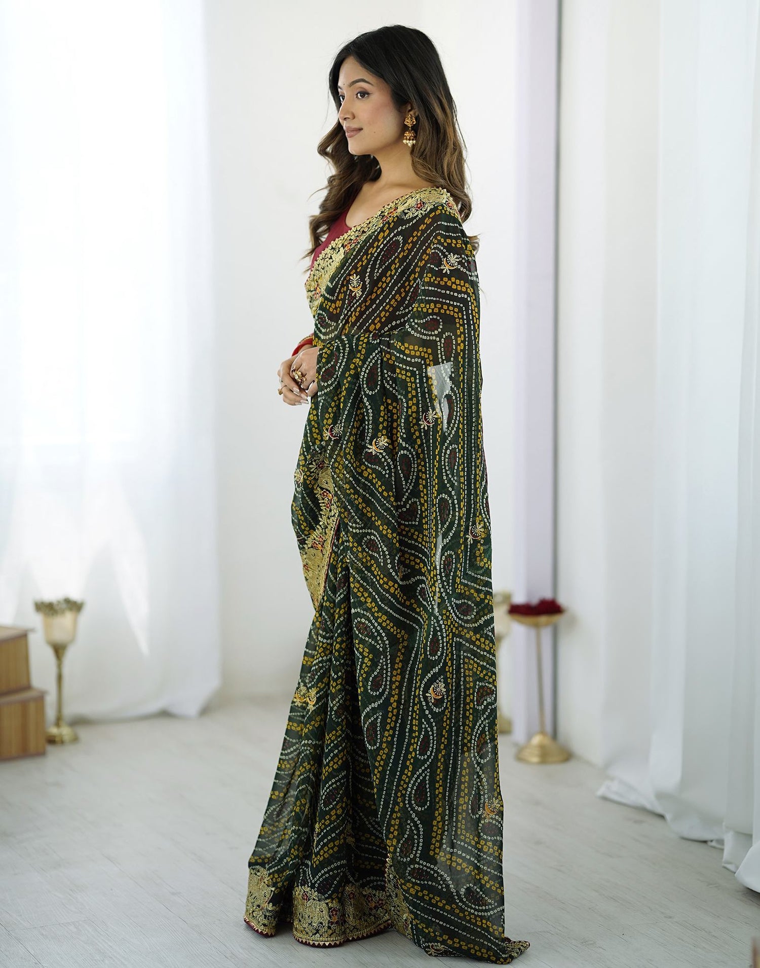 Green Georgette Lace Bandhani Saree