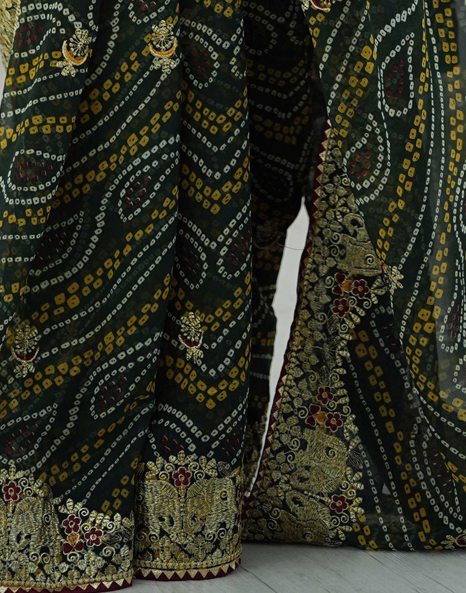 Green Georgette Lace Bandhani Saree
