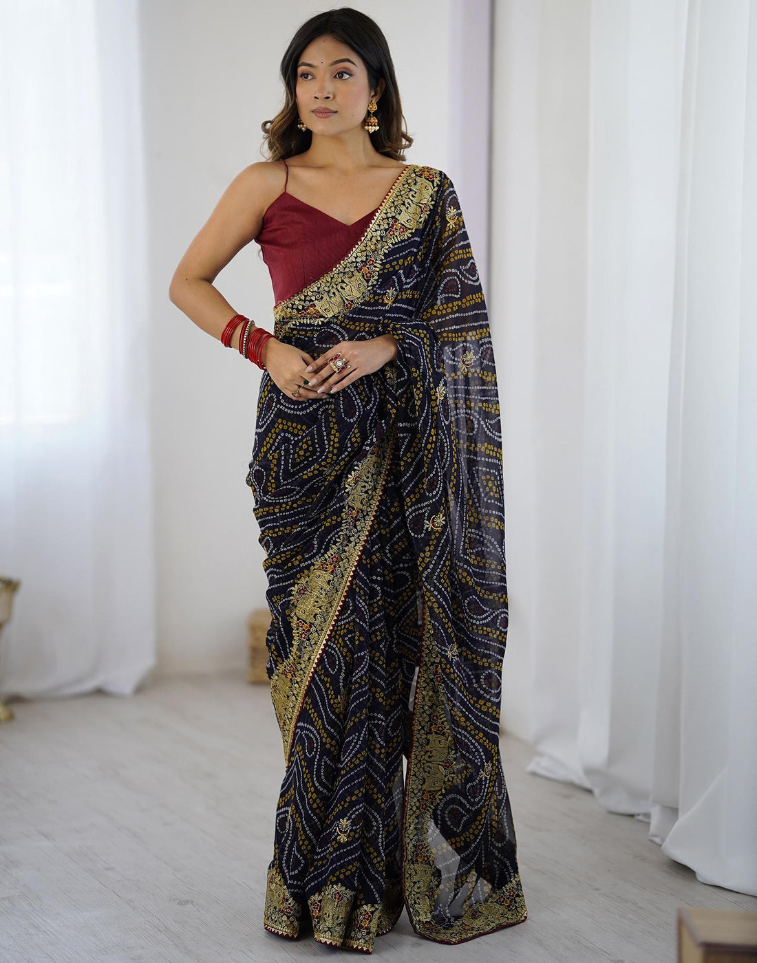 Black Georgette Lace Bandhani Saree