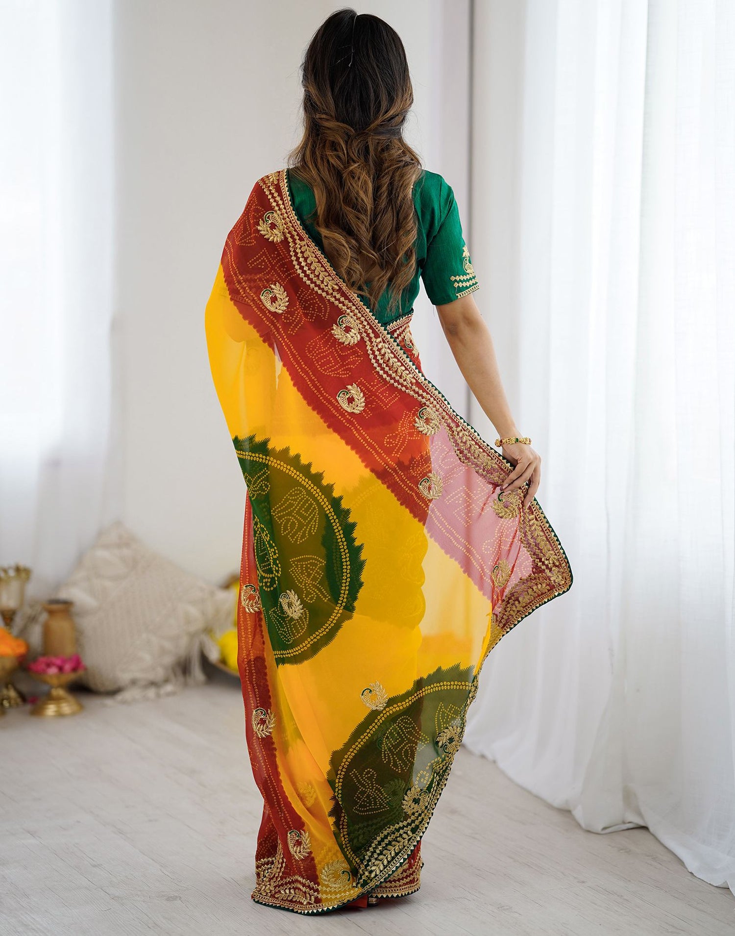 Yellow Georgette Printed Bandhani Saree