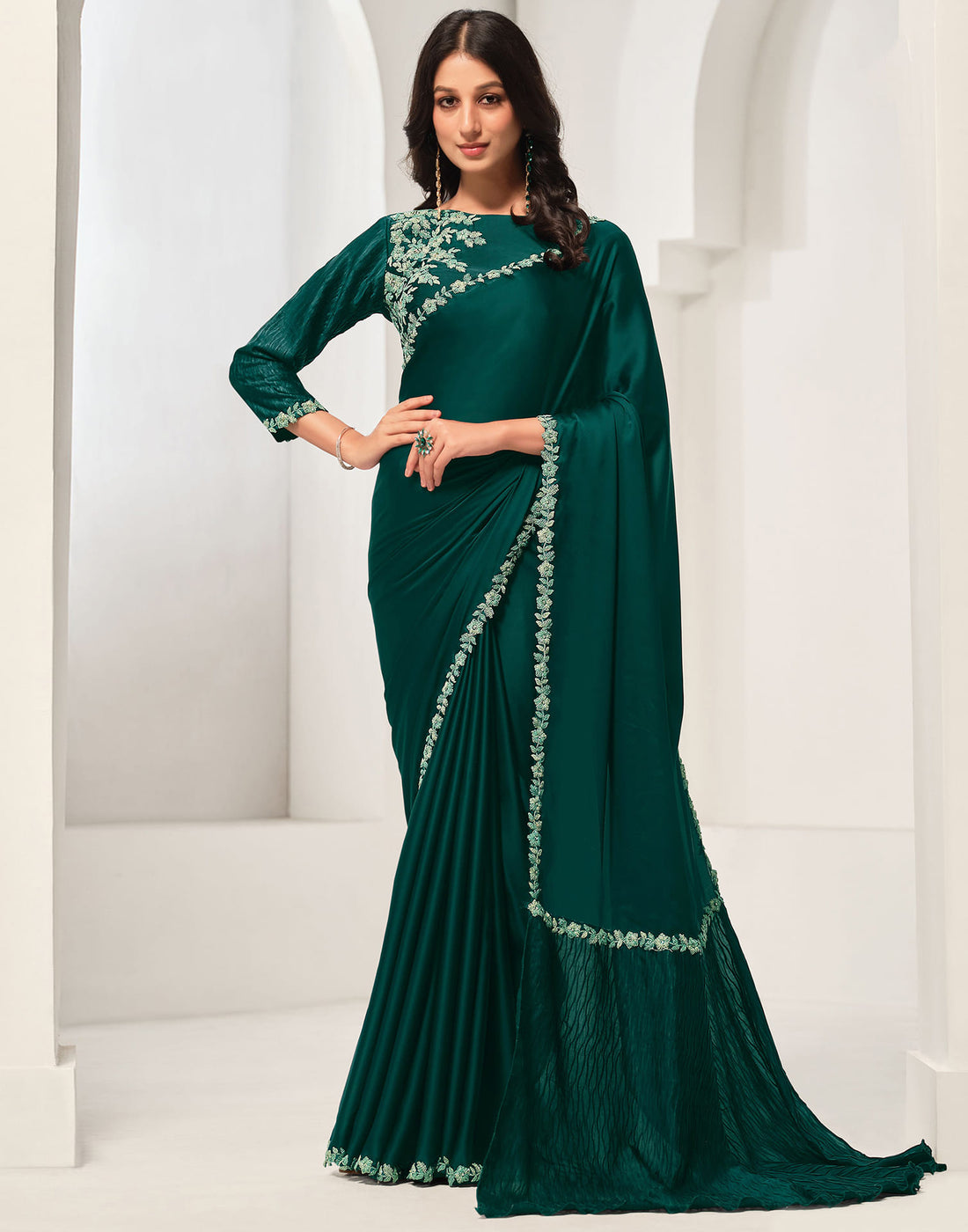 Rama Green Silk Zardosi Work Embellished Saree