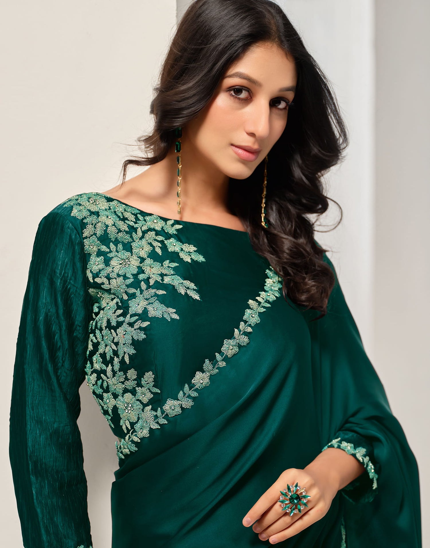 Rama Green Silk Zardosi Work Embellished Saree