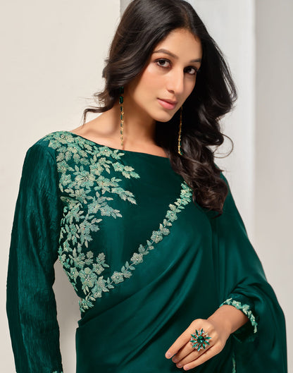 Rama Green Silk Zardosi Work Embellished Saree