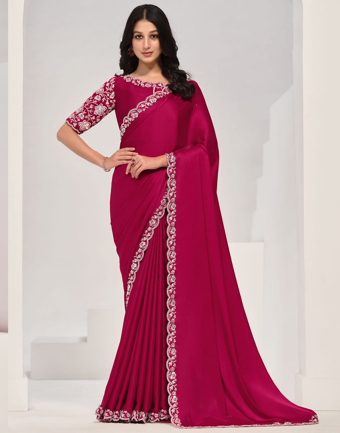 Rani Pink Silk Zardosi Work Embellished Saree
