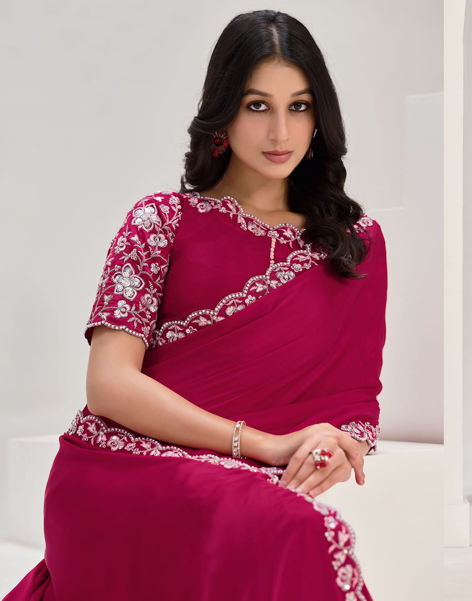 Rani Pink Silk Zardosi Work Embellished Saree