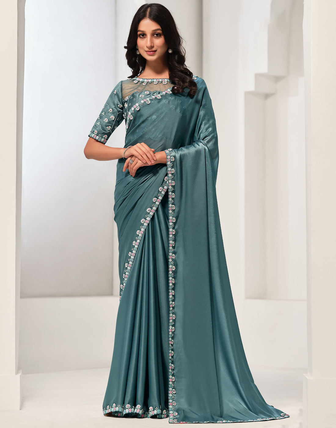 Casal Blue Silk Sequence Embellished Saree
