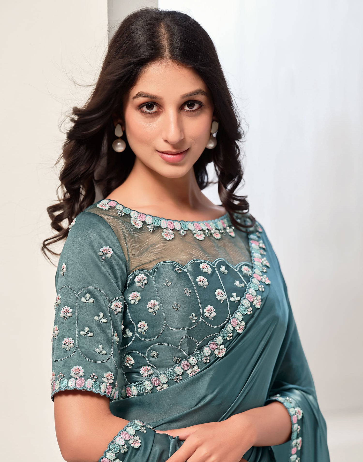 Casal Blue Silk Sequence Embellished Saree