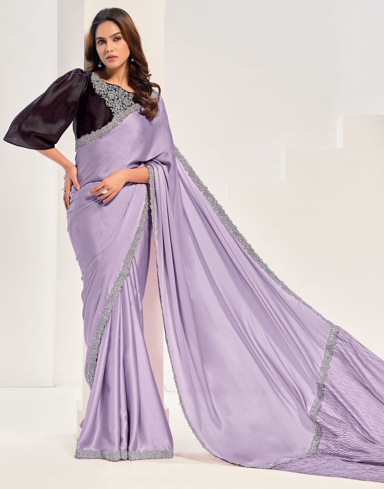 Light Purple Silk Zardosi Work Embellished Saree