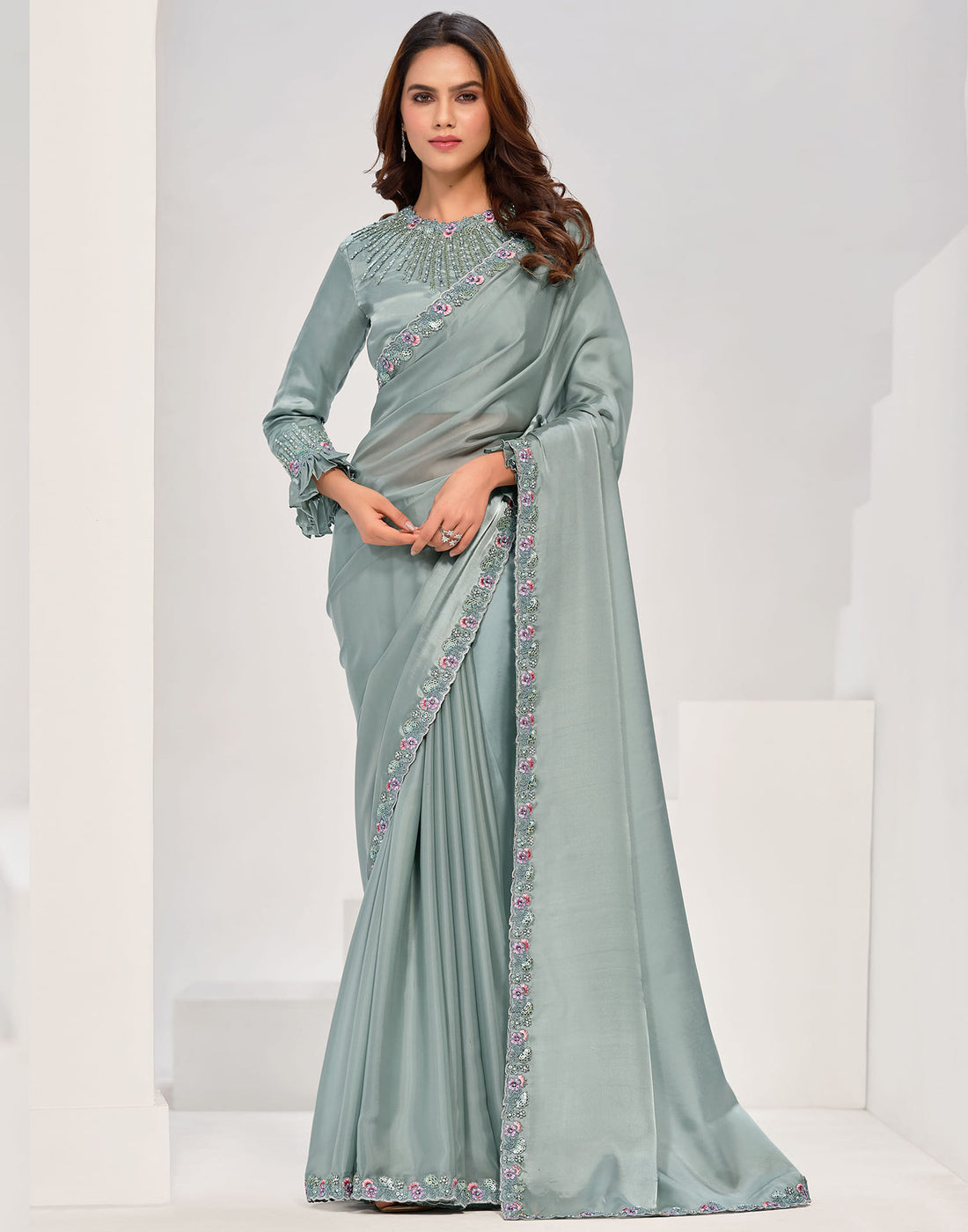 Stone Grey Silk Sequence Embellished Saree