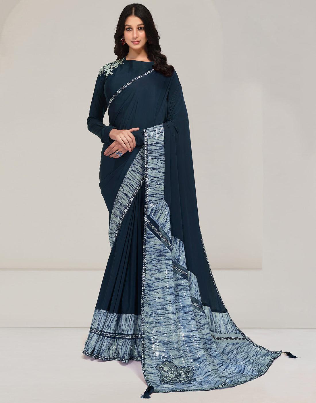 Dark Rama Blue Polyester  Sequence Embellished Saree