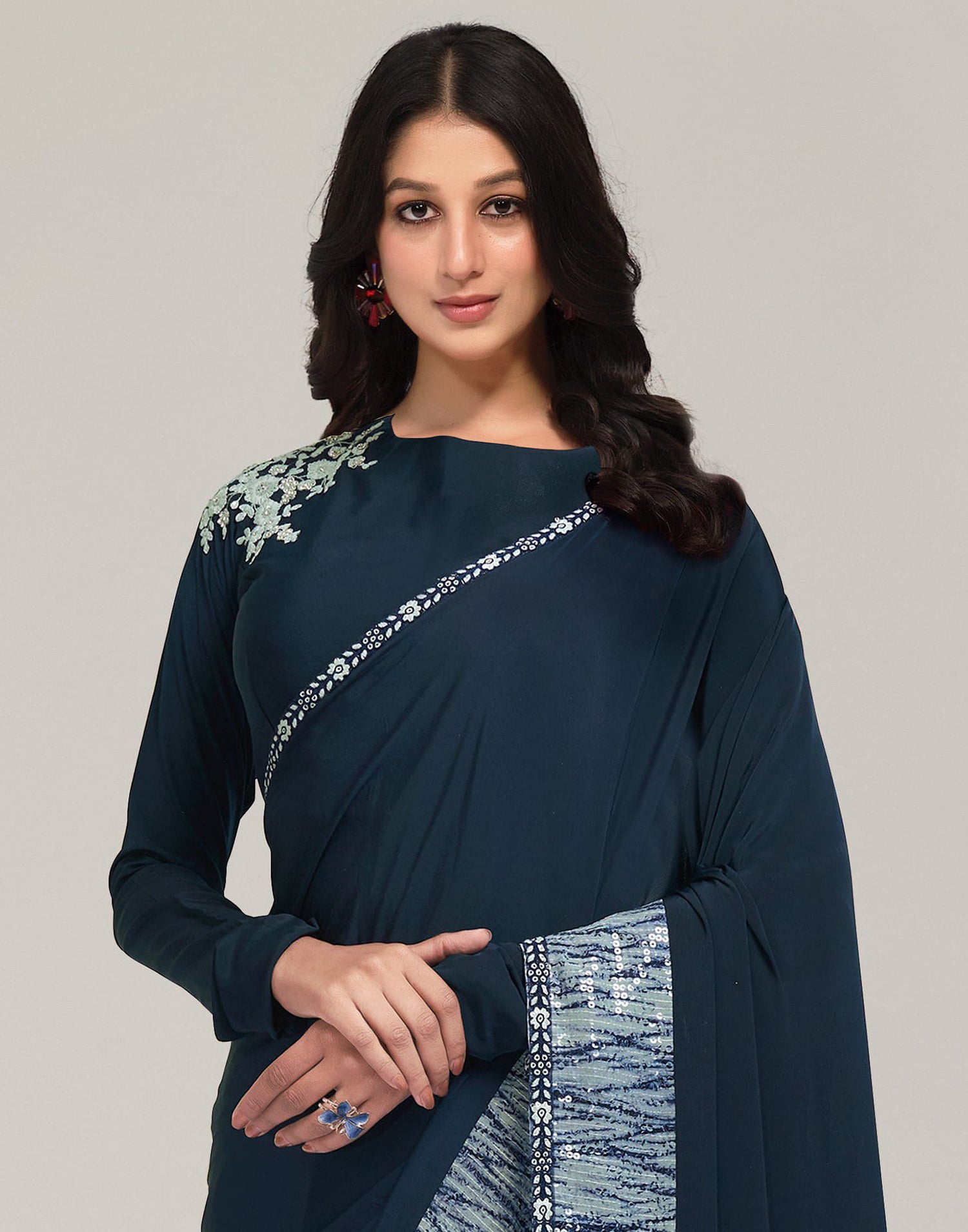 Dark Rama Blue Polyester  Sequence Embellished Saree