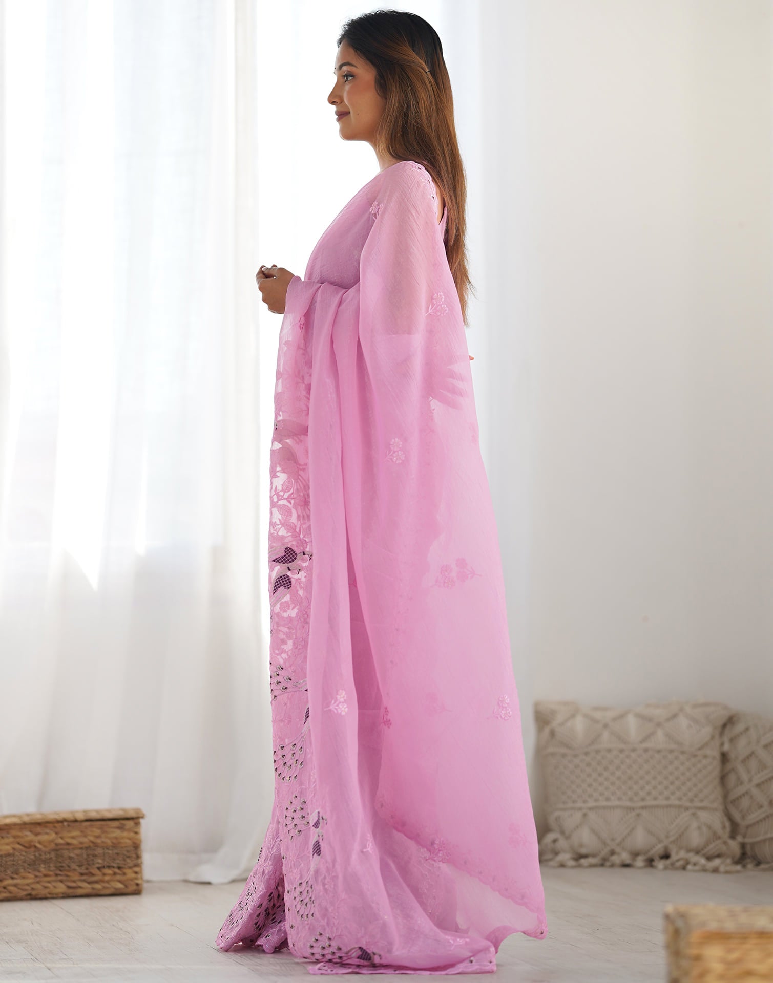 Pink Silk Embroidery Saree