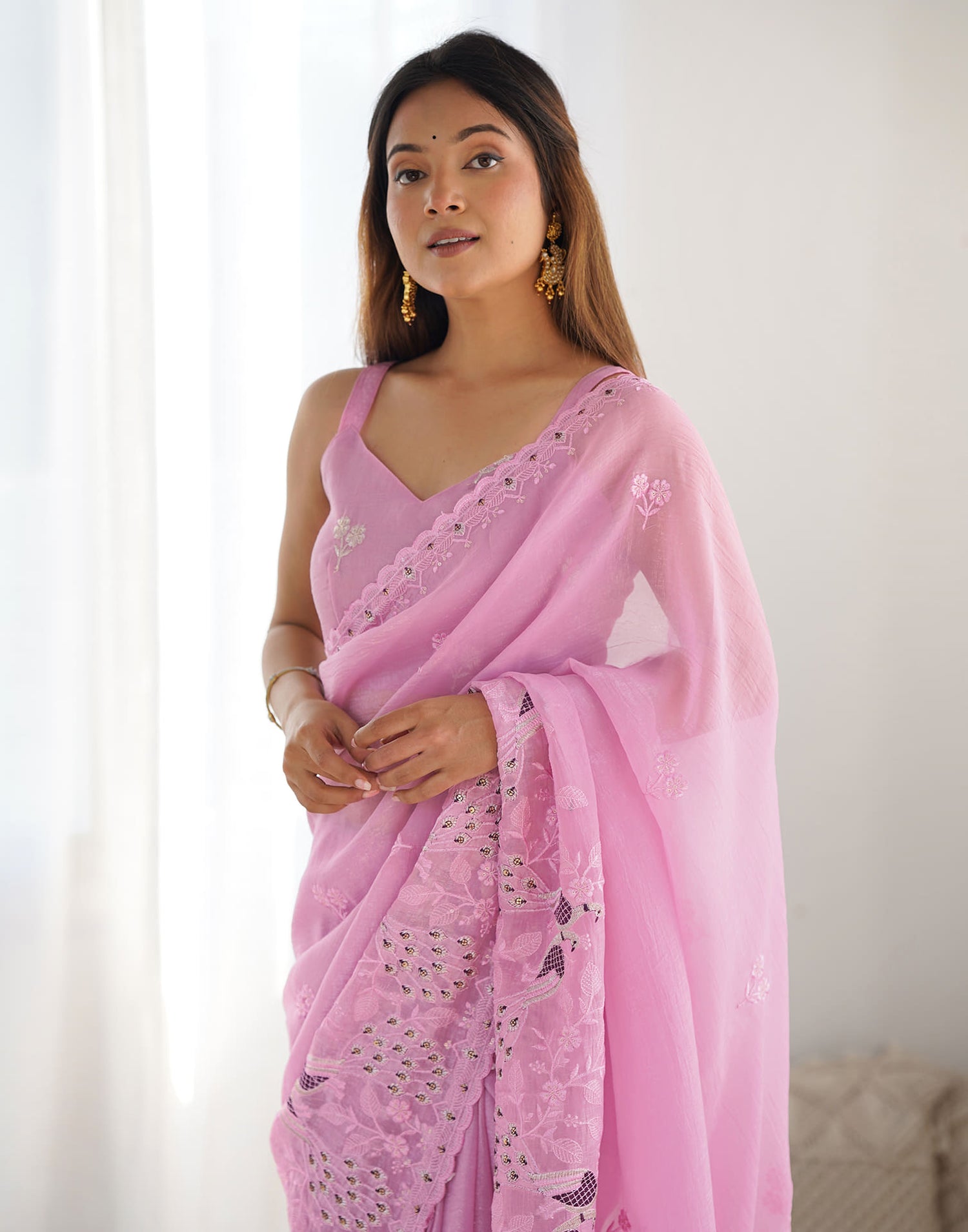 Pink Silk Embroidery Saree