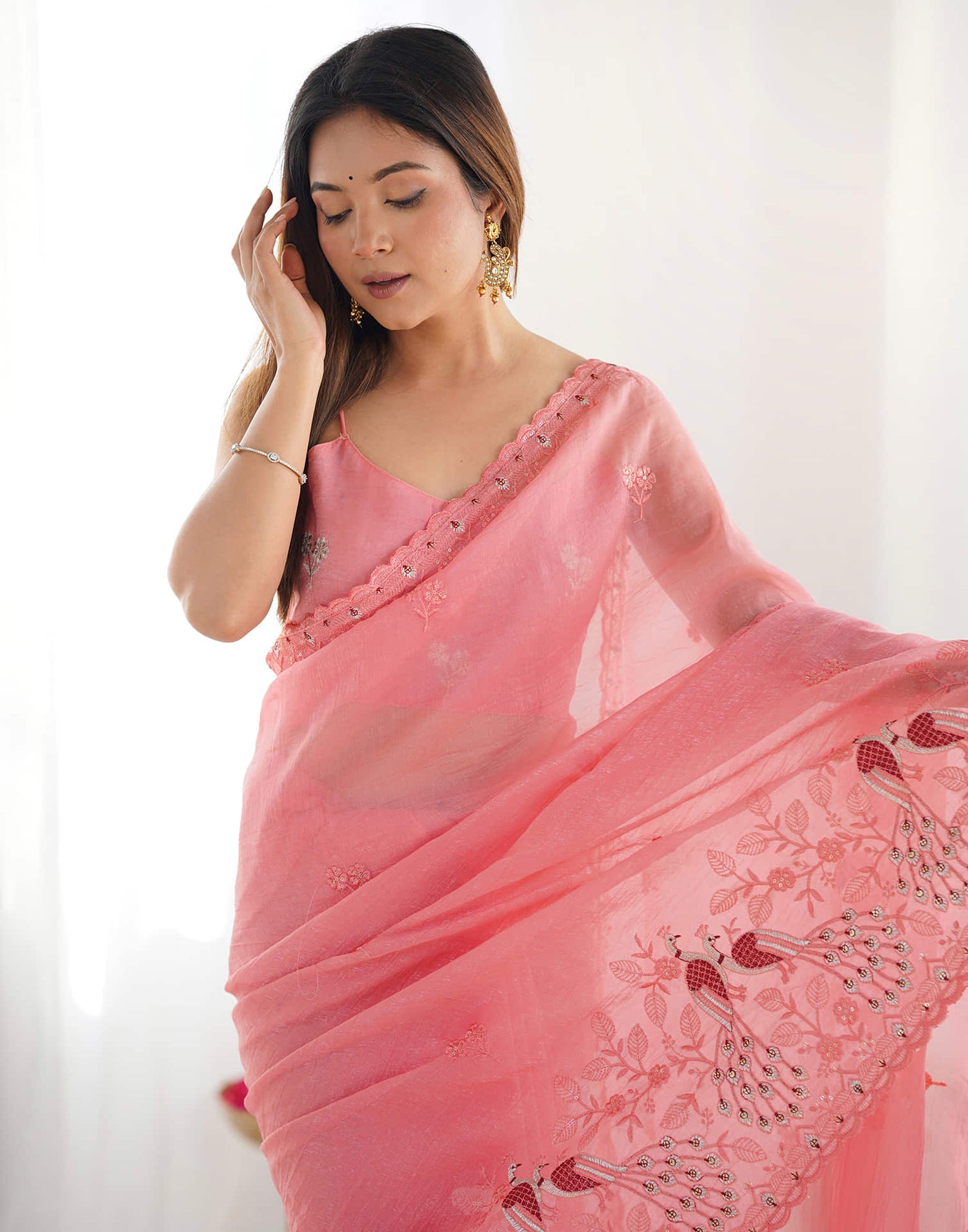 Rose Pink Silk Embroidery Saree