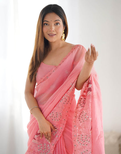 Rose Pink Silk Embroidery Saree