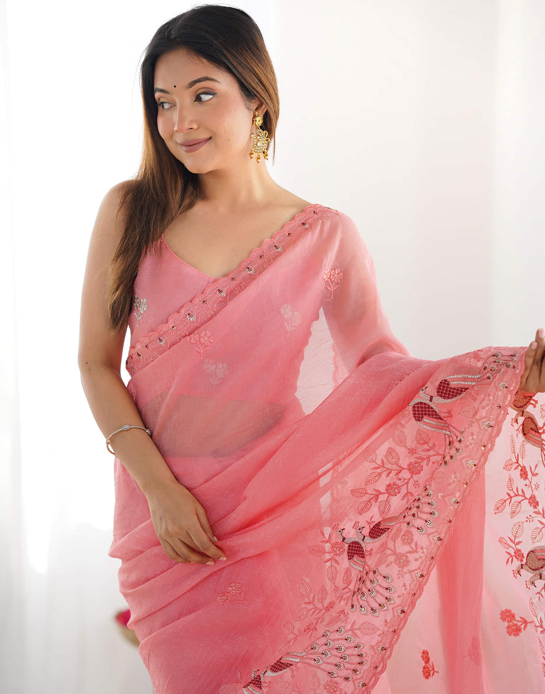 Rose Pink Silk Embroidery Saree