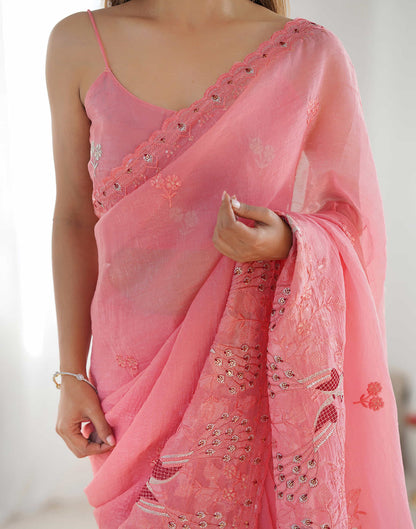 Rose Pink Silk Embroidery Saree