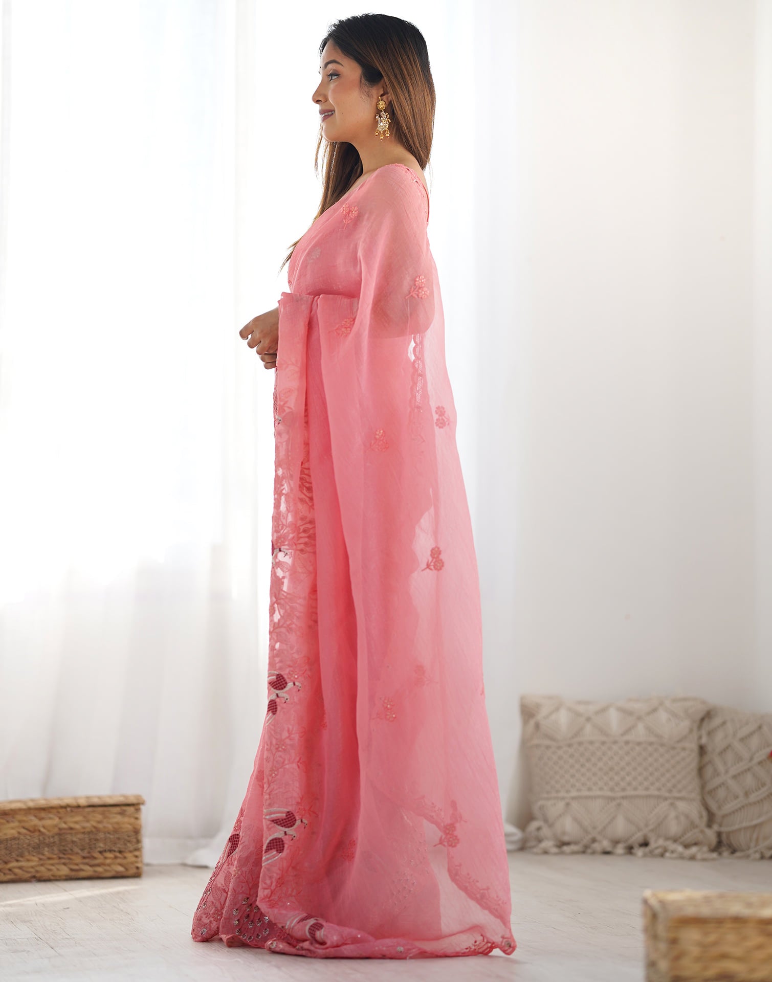 Rose Pink Silk Embroidery Saree