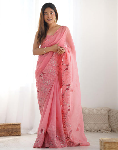 Rose Pink Silk Embroidery Saree