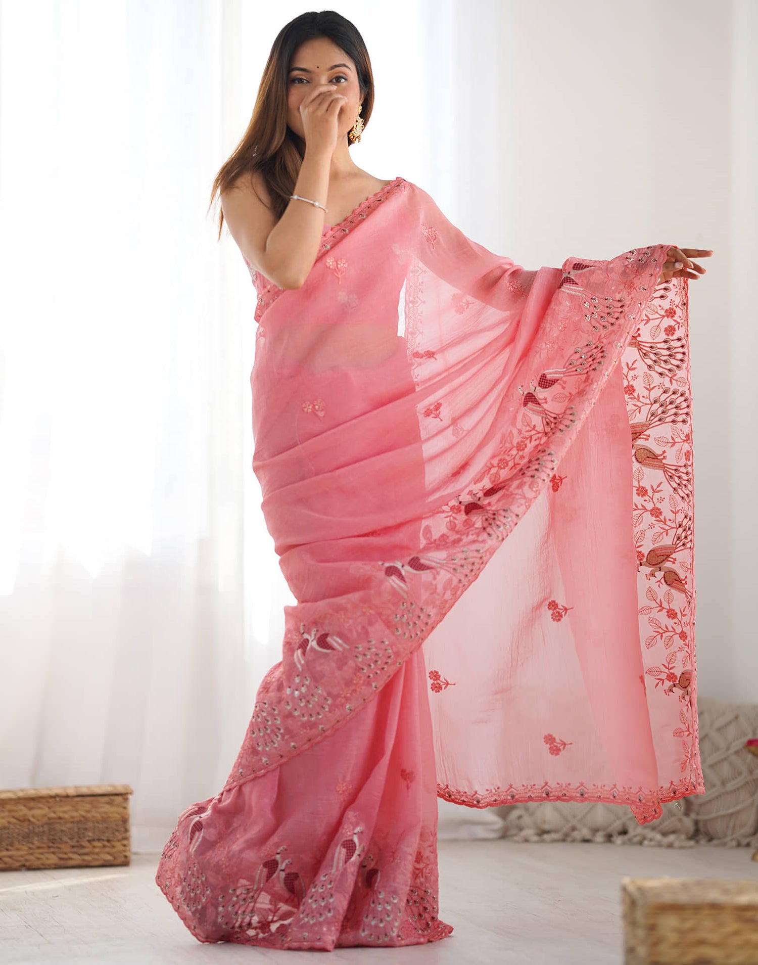 Rose Pink Silk Embroidery Saree