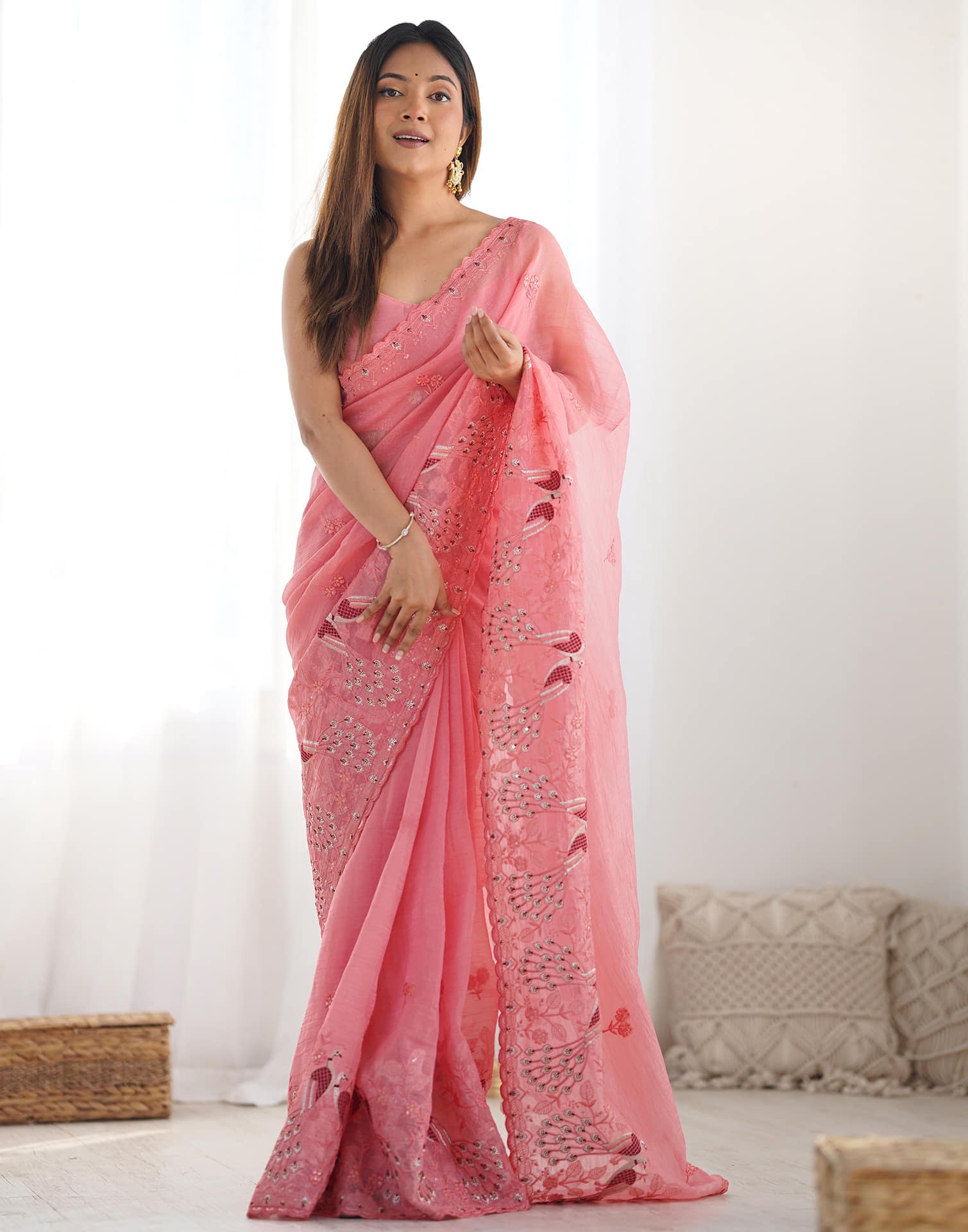 Rose Pink Silk Embroidery Saree